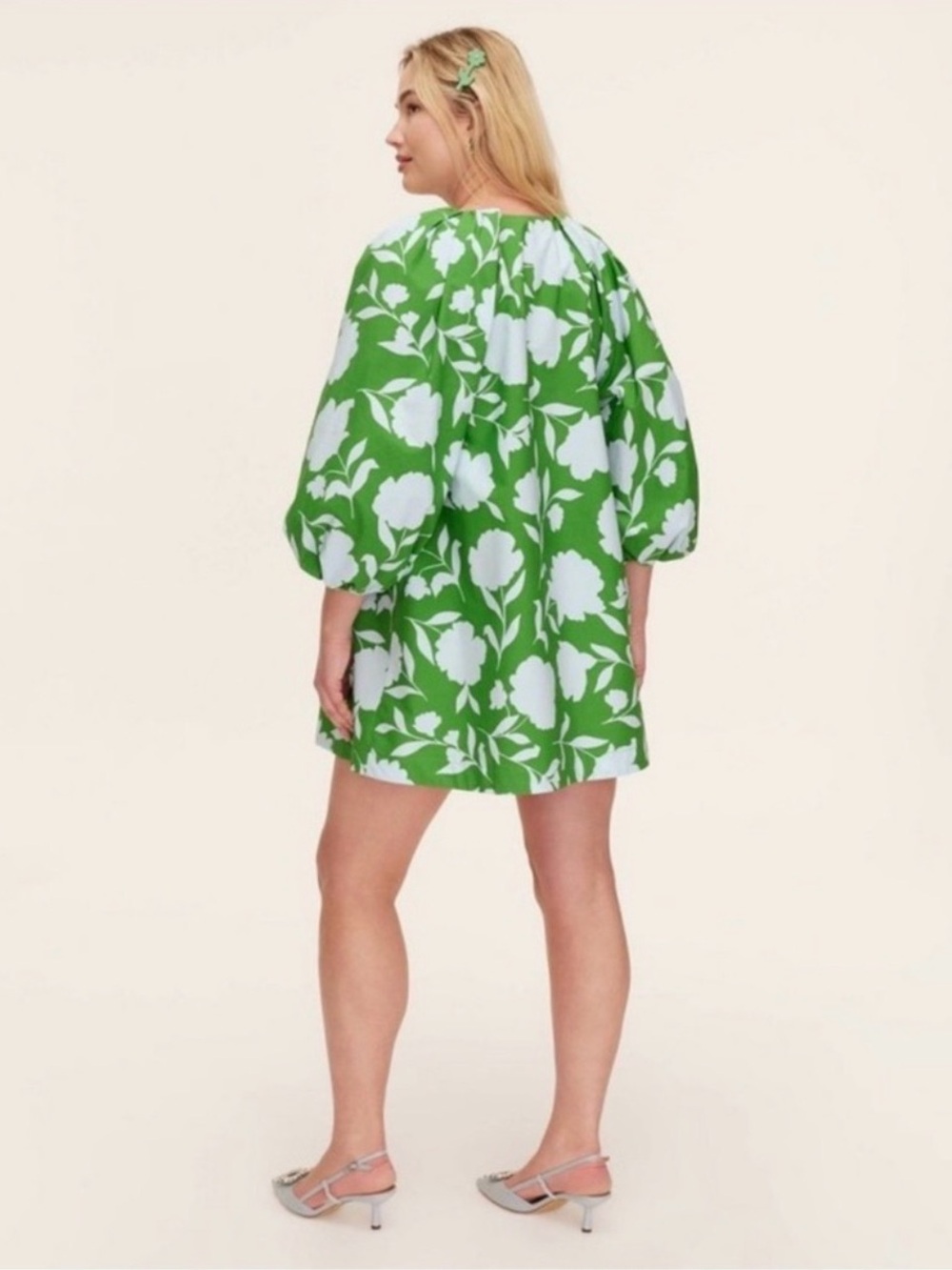 kate spade Green and White Floral Puff-Sleeve Mini Dress
